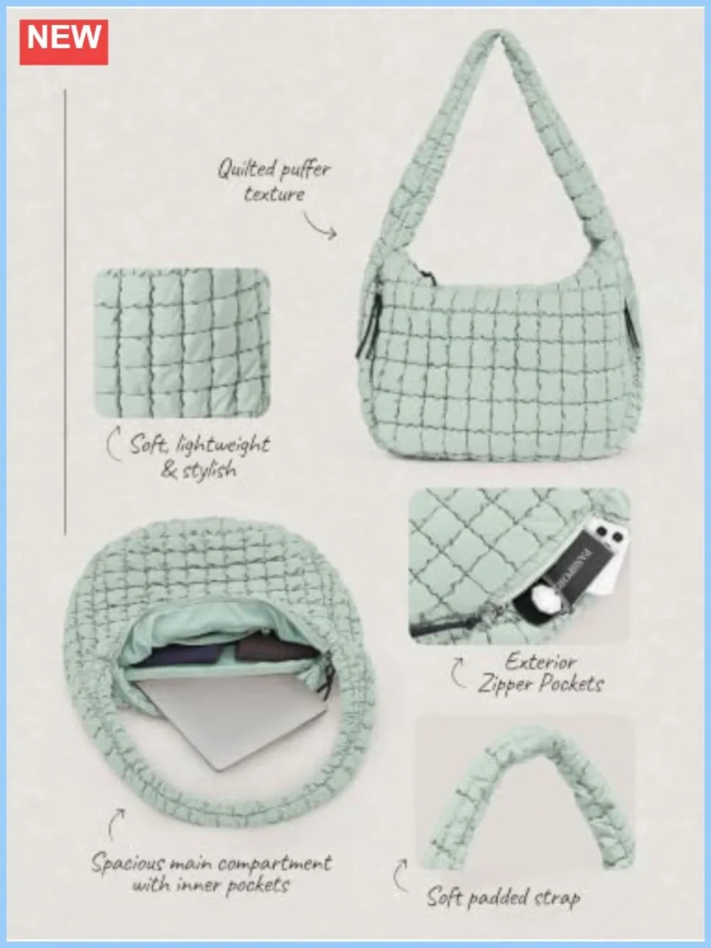 Quilted Carryall Tote Bag Women Crossbody Hobo Lightweight Padded Shoulder Bag